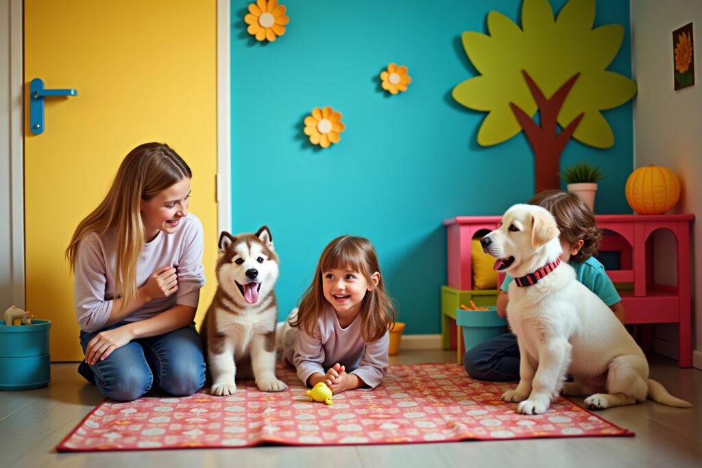 Farbenfrohe Wandgestaltung mit Kindern und Haustieren